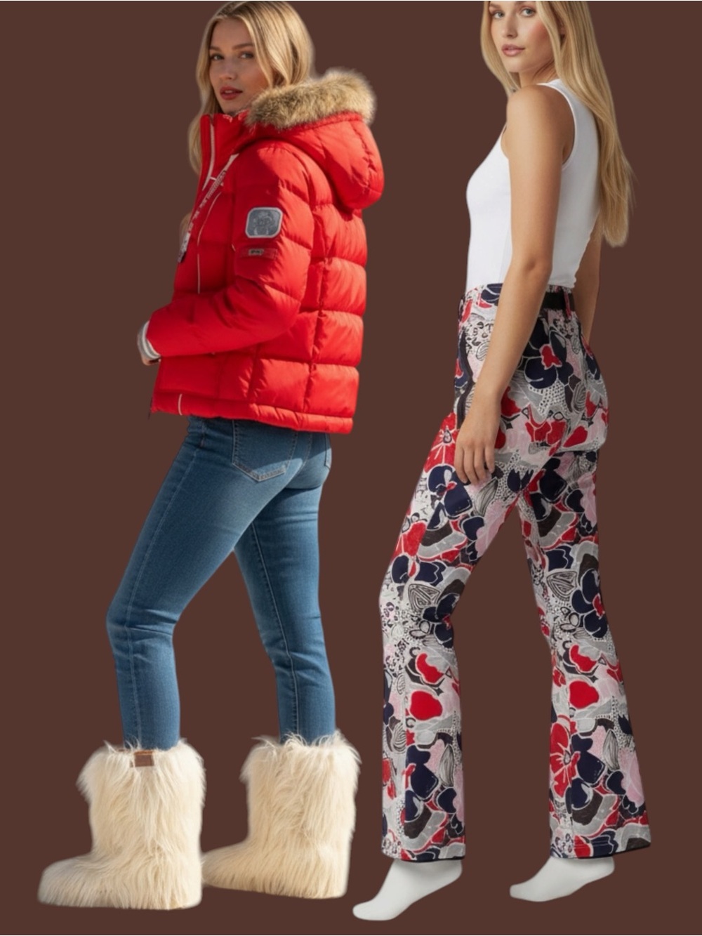Bogner Floral Print Boot-Cut Stretch Ski Pants in Red, Navy & Cream